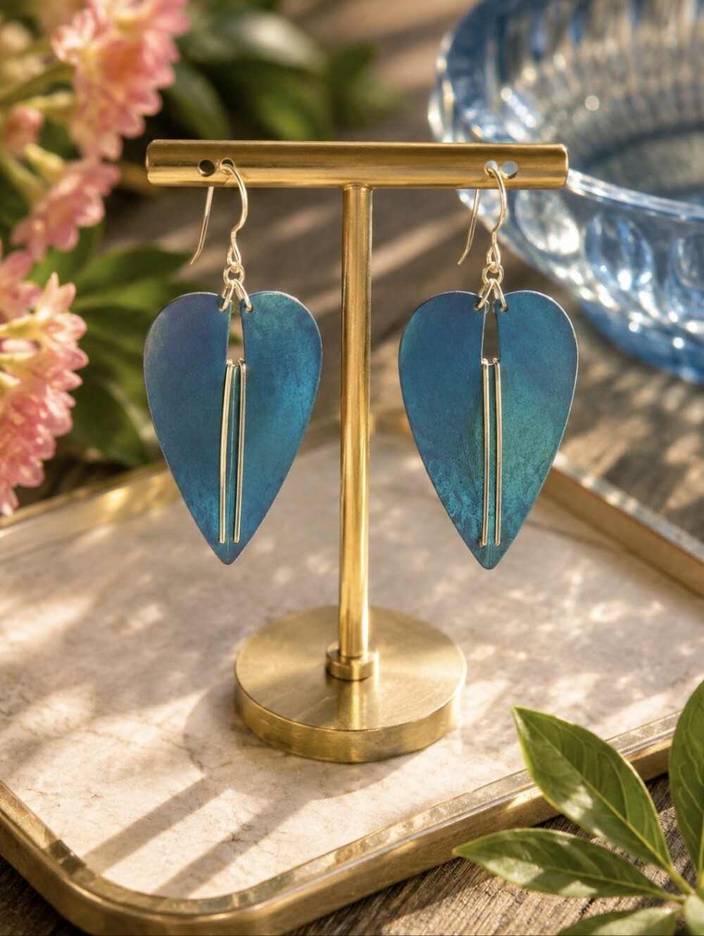 Torquoise Blue and Gold Metal Earrings Holy Yashi